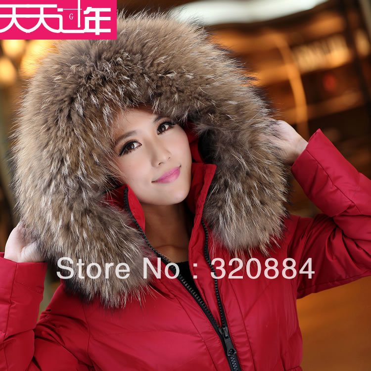 In Stock  autumn and winter new arrival large luxury raccoon fur medium-long slim belt down coat female