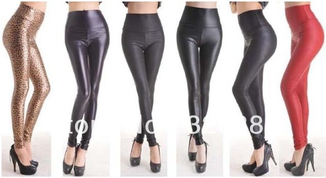 In Stock Fashion 3 color (Black red Navy blue) Leather Tregging Ladies' Leggings Shiny Pants Tights free shipping