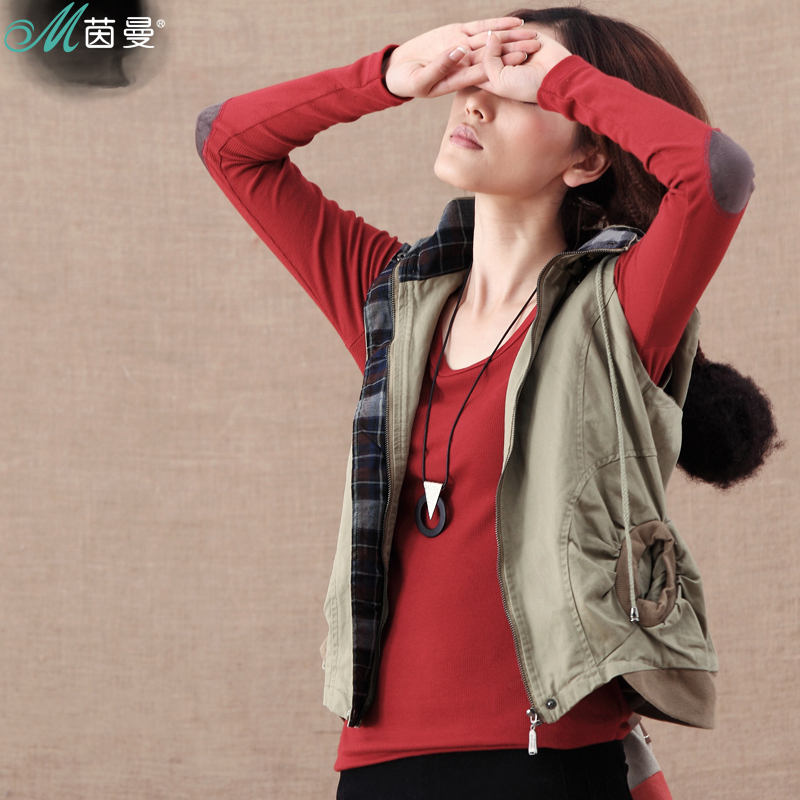 INMAN 2012 autumn female thread 100% cotton patchwork stand collar with a hood vest d823072680