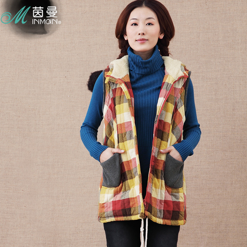 INMAN 2012 winter plaid color block thread patchwork with a hood cotton vest d824071964