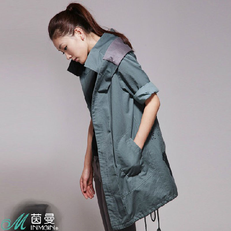 INMAN 2013 spring new arrival 100% cotton thickening autumn outerwear female hooded solid color long design plus size trench