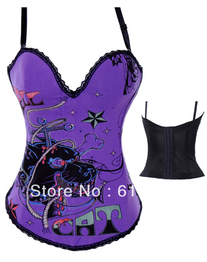 Intimaets sexy lingerie satin Lace-up Hell Cat Graffiti Print Corset purple 2269