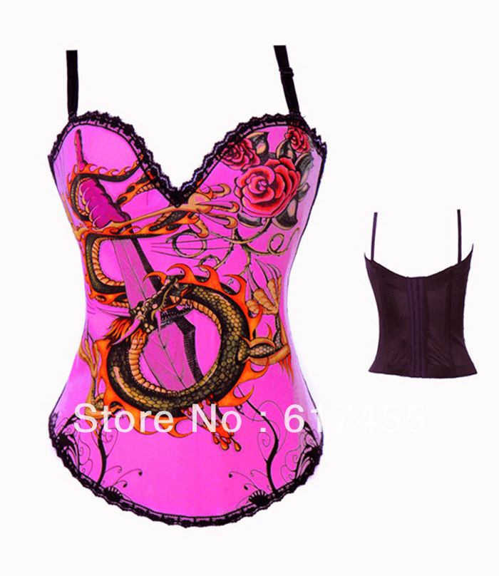 Intimaets sexy lingerie satin Lace-up Slay The Dragon Graffiti Print Corset pink 2269