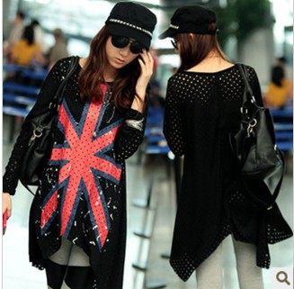 IRIS Knitting AS-054 Free Shipping Fashion Women's 2013 Flag T-shirts Loose Irregular Yarn Sleeve Long T-shirts Tops