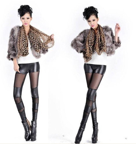 Iris knitting Free Shipping +5pc/lot LG-186 Fashion Women Punk Metallic Leather Look+Yarn Pants Leather Leggings