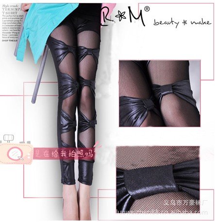 Iris knitting Free Shipping +5pc/lot LG-190 Fashion Women Punk Metallic Leather Look+Yarn Pants Leather Leggings