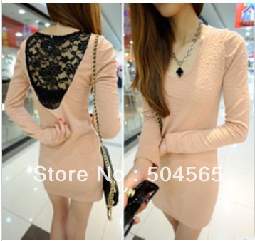 IRIS Knitting Free Shipping DR-027 Sexy Lace Back Dress For Women Long Sleeve Casual Club Dresses Fashion Tops Black/Pink/Beige