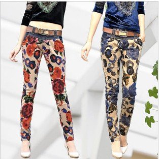 IRIS Knitting Free Shipping NZ-1010 Women's Printed Flowers Jeans Patchwork,Skinny Pencil Pants,Fashion Leggings/Trousers