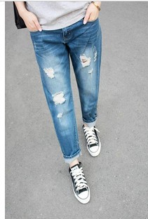 IRIS Knitting Free Shipping NZ-1019 Women's Loose Holes Jeans Trousers Denim Distrressed Pants Leasure Wear