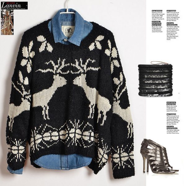 IRIS Knitting Free Shipping SW-056 Fashion Women's Loose Deer Sweater Geometry Hoodies Winter Warm Coat Knitwear Outerwear