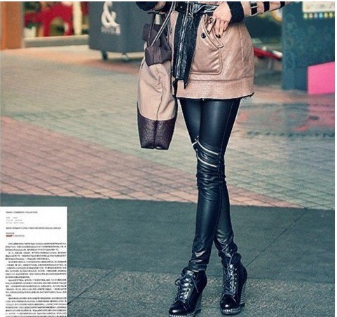 IRIS Knitting LG-001 Free Shipping Women's PU Leather Leggings Fashion Three Silver Zipper Decorate Pants Lady New Tights