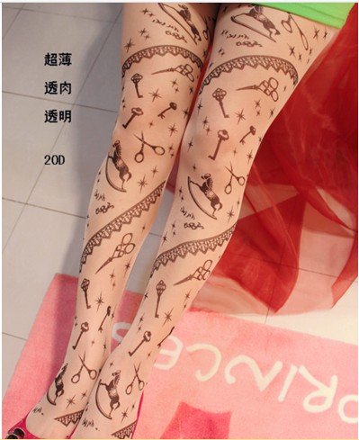 IRIS Knitting LG-060 Free Shipping+6pcs/lot,Fashion Women Tattoo Leggings,Keys Printed Vintage Stockings/Tights,Ladies Pantyhose