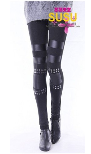 IRIS Knitting MD-002 2013 Women Punk Knee Rivet Studs Spike Faux Leather Patch Leggings Legwear Tights Free Shipping