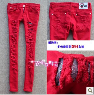 IRIS Knitting PT-029 Fashion Candy Colors Pencil Pants Holes Vintage Jeans Casual pants High-Elastic Free Shipping