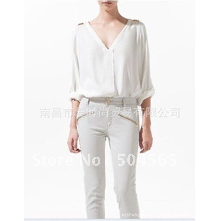 IRIS Knitting TS-052 Free Shipping,Women Chiffon Rivet Shirts,Fashion Europe Style V-neck Shirt,Lady Cool Blouse