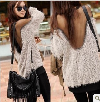 IRIS Knitting TS-086 Free Shipping Sexy Back Tops T-shirt For Women Fur Thicken Hoodies Long Sleeve Plus Size Khaki/Beige