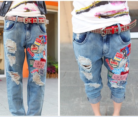 Irregular tie-dyeing hole badge washed cotton denim mid waist denim trousers pants hip-hop pants