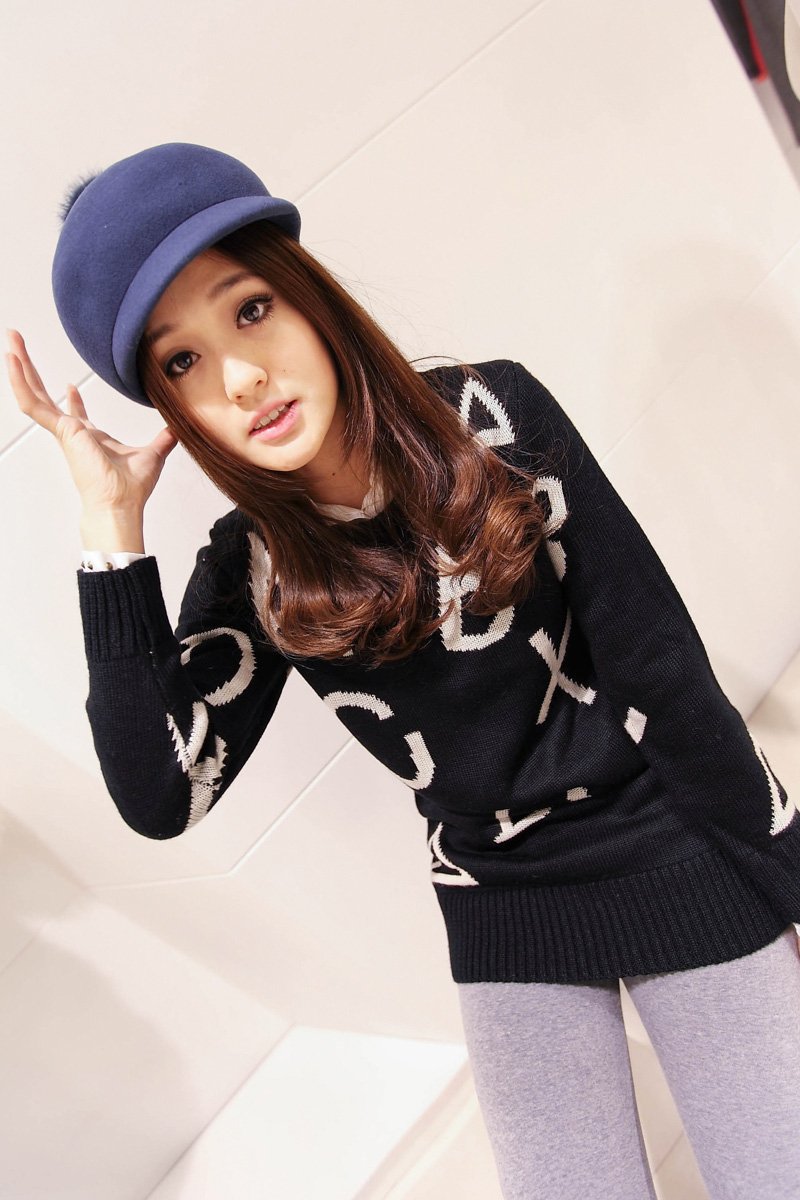 Issdm all-match o-neck double layer abc letter mix medium-long pullover sweater female winter h