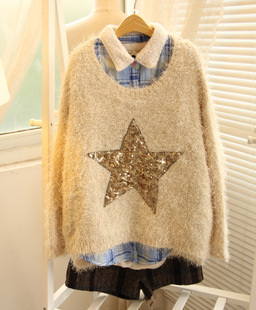 Issgi gold paillette five-pointed star goatswool mohair o-neck long-sleeve pullover sweater free shipping