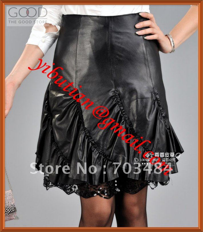 Italian Style Trumpet Slim Black  Ladies Leather Skirt  100% Sheep Leather Very Soft