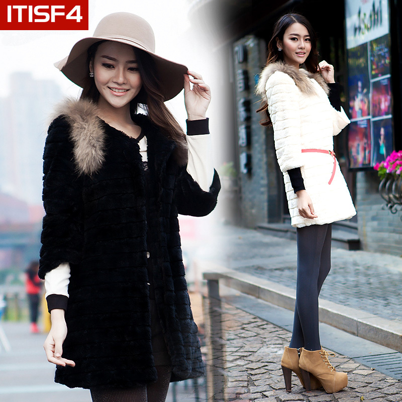 ITISF4 2012 winter female noble fur collar three quarter sleeve medium-long o-neck fur coat