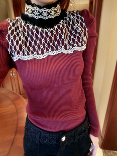 J to2012 winter stand collar front lace patchwork decoration knitted basic shirt slim female free shipping