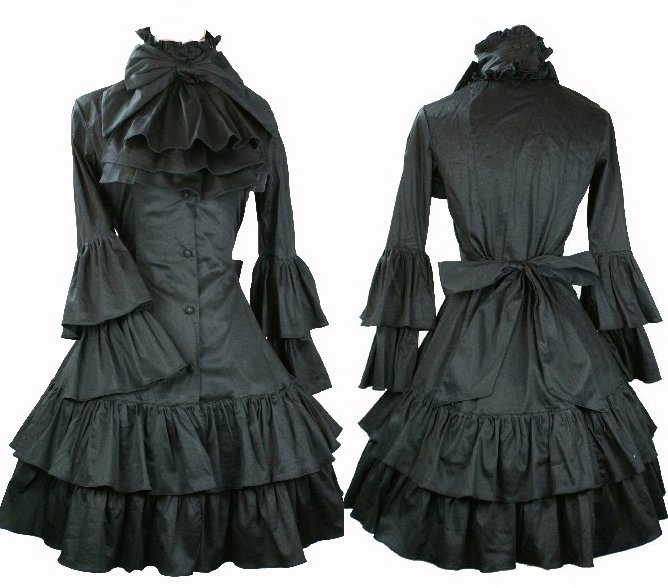 J323 ladies Victorian Lolita Gothic kimolo sleeves long black dress XS-XXL