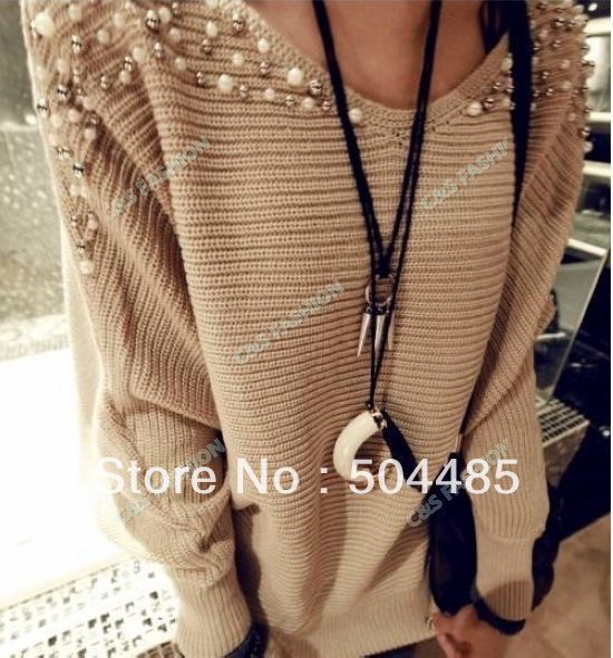 [J424] 2012 autumn new arrival knitted pullover batwing shirt pearl beading long-sleeve o-neck sweater female