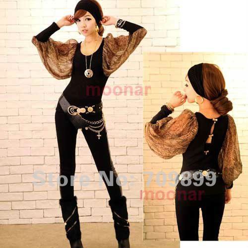 Japan Lady Chiffon Unique Design Stich Long Snake Lantern Sleeve T-Shirts Tops Blouse E0492