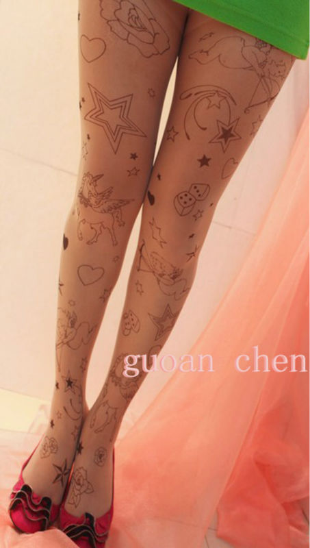 Japan Sexy Stylish Tatoo Pattern Sheer Pantyhose Stocking Tights Leggings Cupid