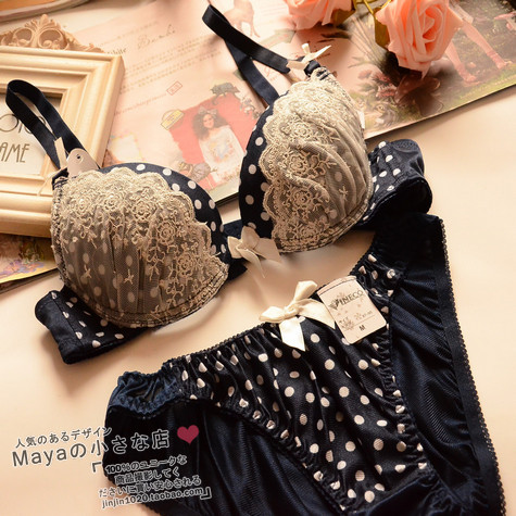 Japanese style embroidery lace sexy charming navy blue polka dot bra set lively and lovely underwear set