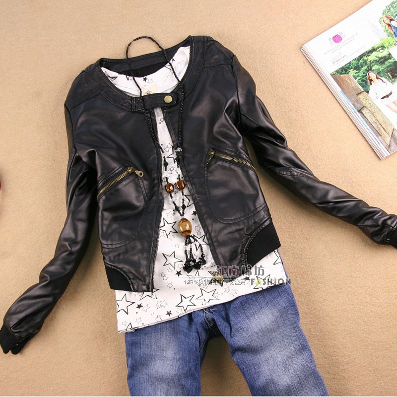 Japanese style women's gentlewomen elegant o-neck women's PU leather jacket cotton short design leather clothing d4