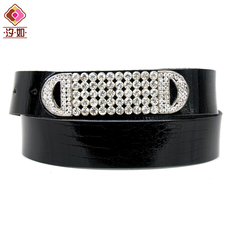 Japanned leather genuine leather women's wide belt spring fashion all-match rhinestone decoration genuine leather strap black