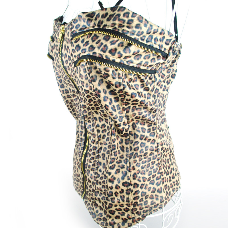 Jasmine wardrobe - winter sexy slim leopard print faux leather spaghetti strap small vest - e1153