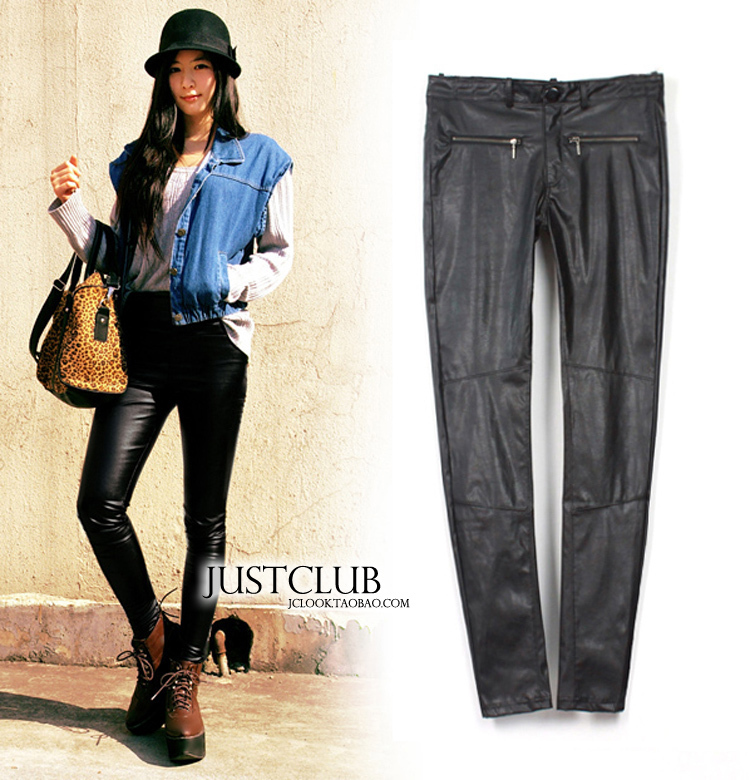 Jc fashion 2012 spring and autumn women's black faux leather zipper skinny legging pants