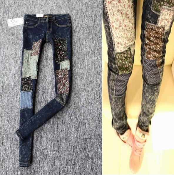 Jeans female patch skinny pants patchwork british style pencil pants female casual pants