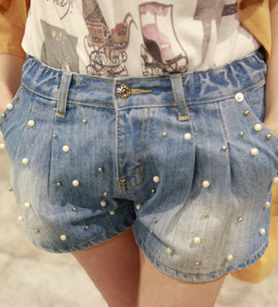 Jeans summer plus size loose female shorts handmade pearl lantern denim shorts