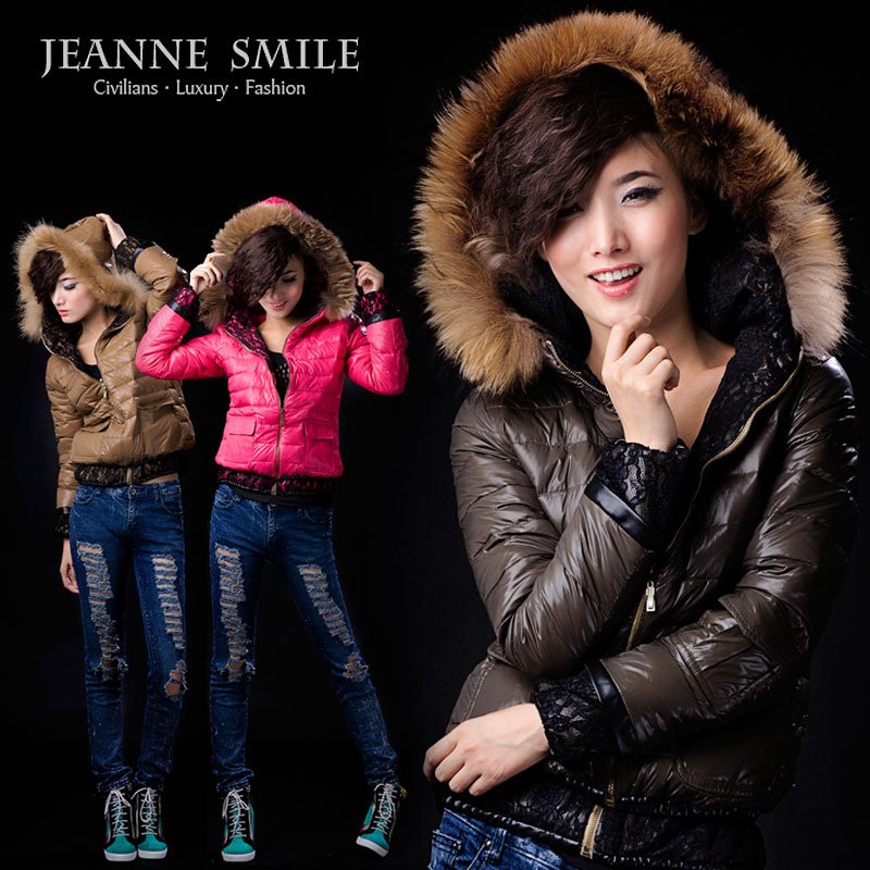 Jenny smiles 2010 autumn and winter the new Ms. Short down jacket lace hooded leisure fur collar