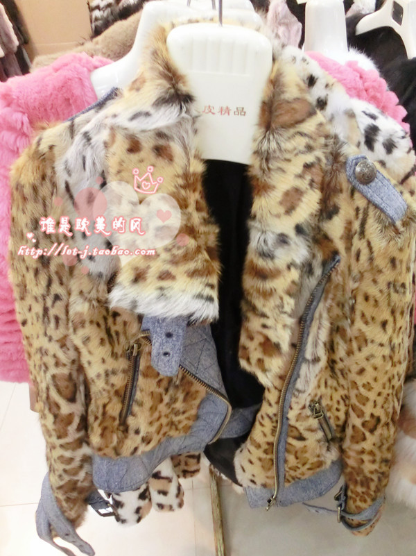 Jessi luxury winter leopard print denim shirt leather clothing fur coat