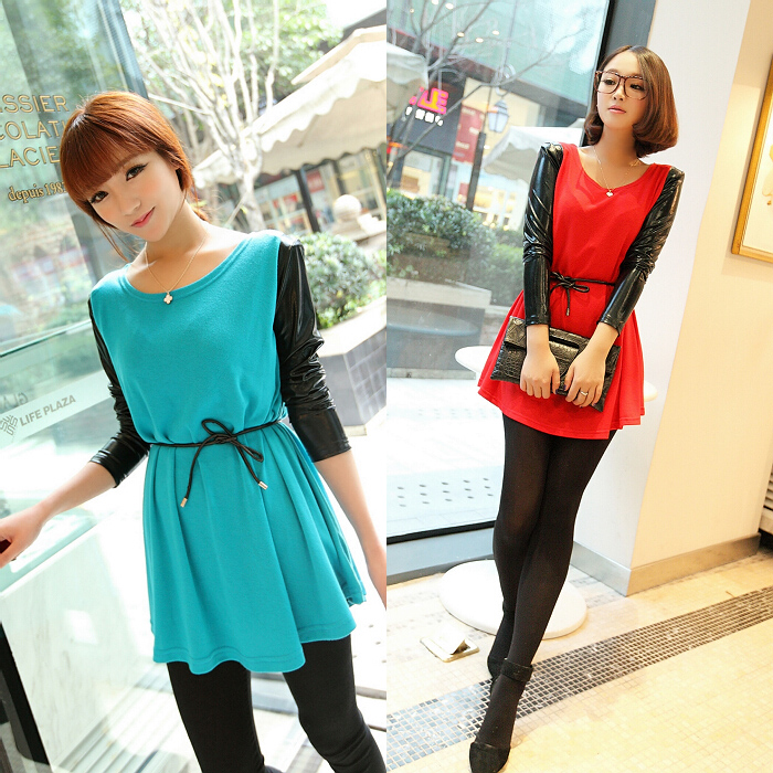 Jingjing 2013 spring women's leather knitted long-sleeve dress dx1961