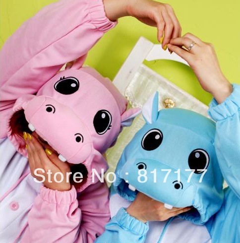 JP Fleece Anime Long Sleeve Pink Blue Color  Kigurumi Pajamas Hippo Cosplay Costume Adult All in one Pyjamas Hoodies Size S M L