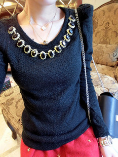 Jto2012 winter fashion neckline vintage gem knitted solid color top female slim sweater free shipping