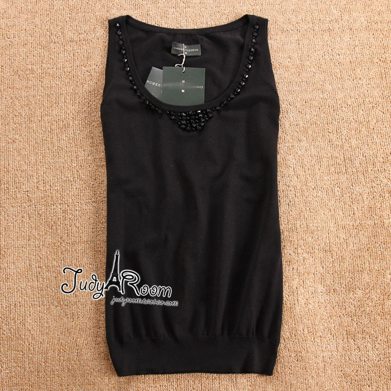 Judy all-match neckline beading black charm cotton woven vest