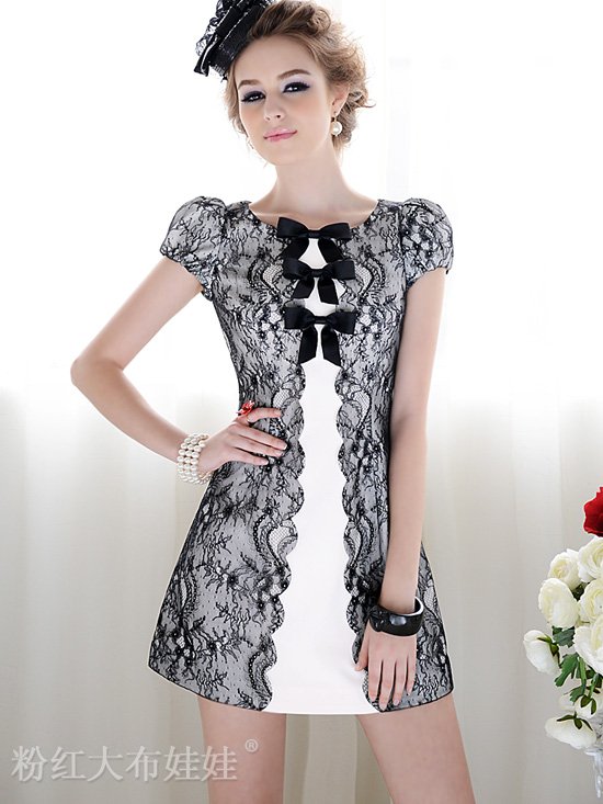 July new  summer lady dress,black lace, Bow, puff sleeve 3036-0452