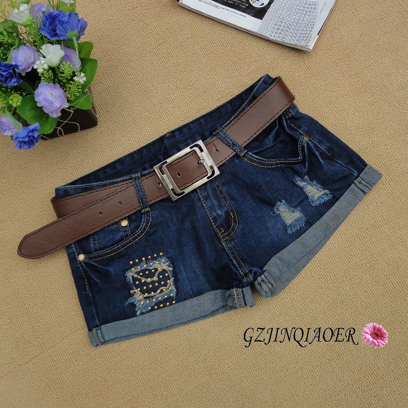 [ July Zang ] Winter women's denim shorts boot cut jeans distrressed roll up hem water wash Dark Blue patch jeans woman's cloths