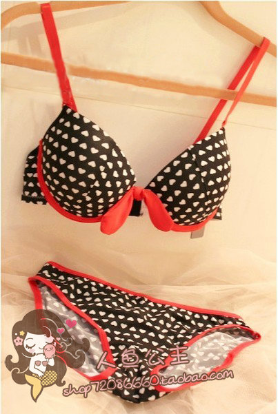 Juniors bow heart deep V-neck push up bra underwear set