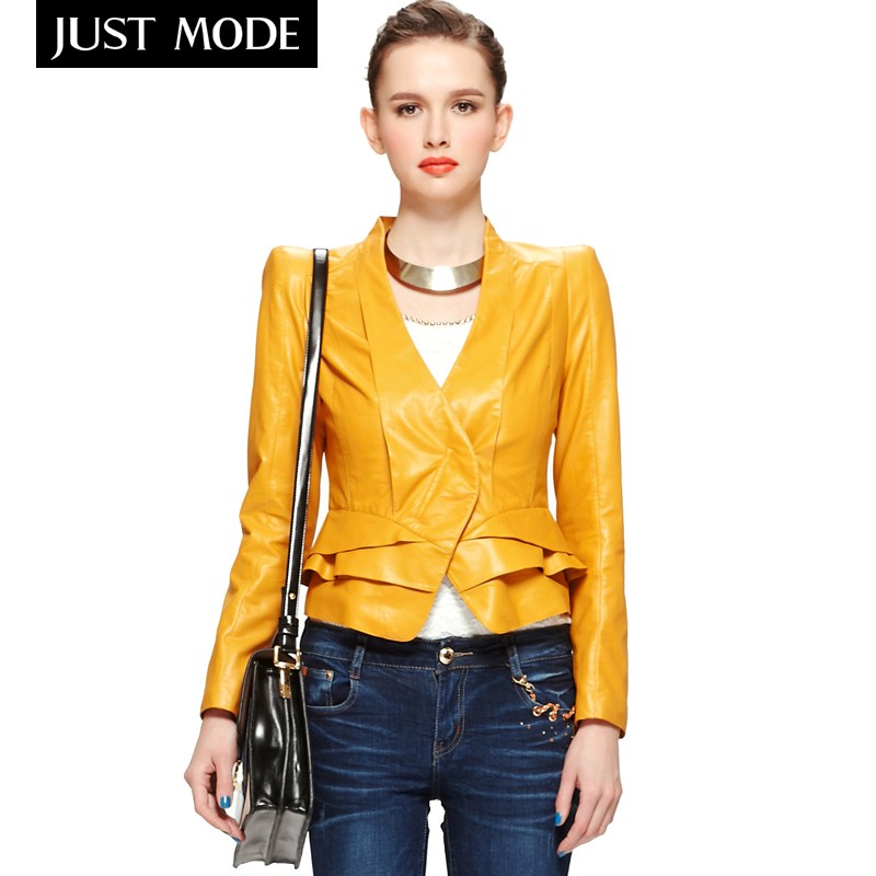 Just c2 mode spring fashion ruffle slim faux leather clothing outerwear female long-sleeve