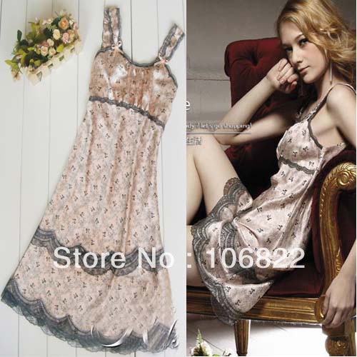 JX0093 Sexy Brace Female Imtated Silk Lace Sleepwear Pajamas Women Nighty Gown Robes