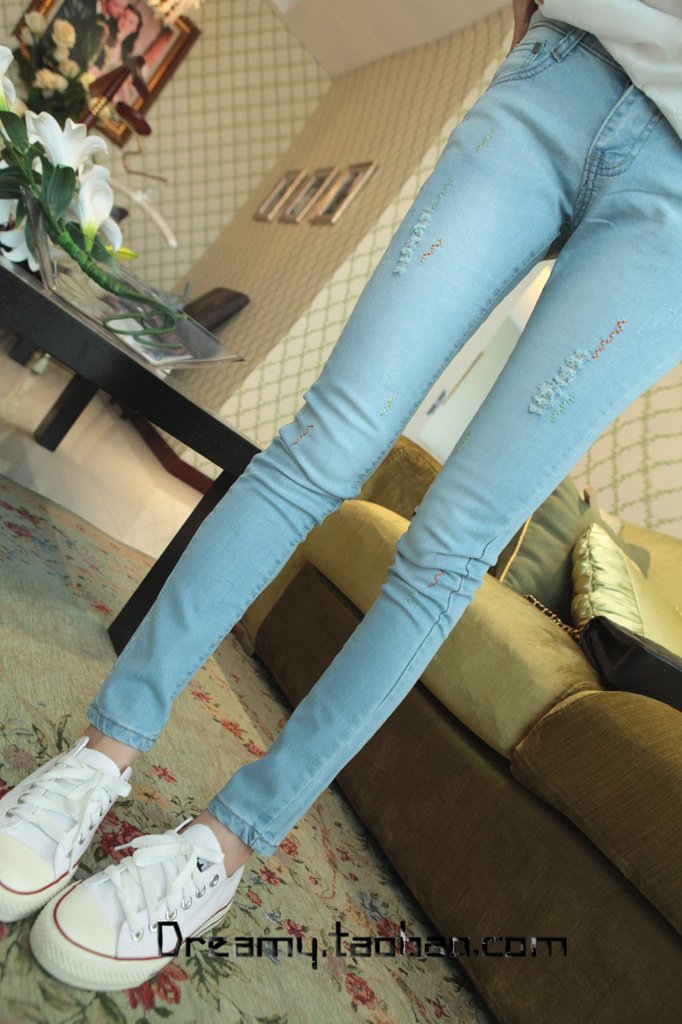 K0109 dreamy 7.11 multicolour embroidery hole light color tight elastic 10 denim skinny pants