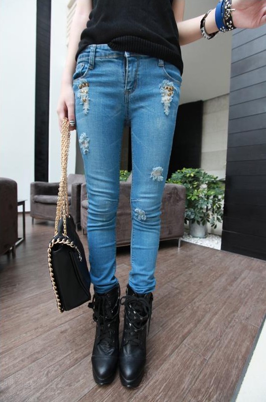 Kaka 2013 spring all-match distrressed rivet pencil pants hole jeans female Free Shipping